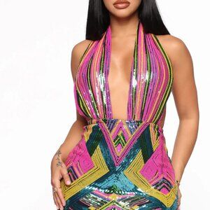 NWT Fashion Nova Colorful Sequin Halter Dress